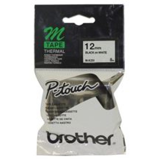 Brother MK-231 12mm x 8m Black on White M Label Tape