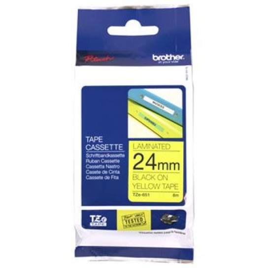 Brother TZe-651 24mm x 8m Black on Yellow Tape