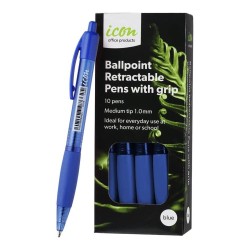 Ballpoint Medium Blue Retractable Pens with Grip - 10 Pack